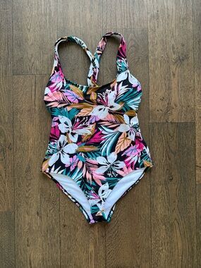 Kona Sol Floral Scoop-Neck One-Piece Swimsuit - Black, Pink, Teal, White, Gold